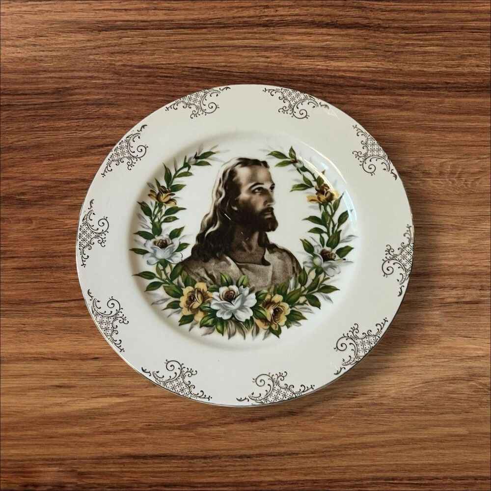 Vintage Jesus Christ Floral Porcelain Decorative Plate Fairway Japan